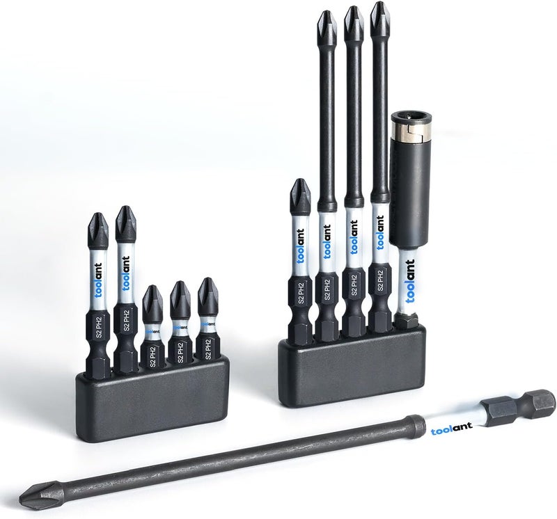 toolant رؤوس مفك براغي فيليبس غير قابلة للانزلاق، #2 رؤوس مفك براغي مغناطيسية غير قابلة للانزلاق مع نصائح مصنوعة بتقنية CNC، مجموعة 11 قطعة من سائق S2 فولاذ PH2 مع حامل رأس مغناطيسي لمثقاب كهربائي - Image 1